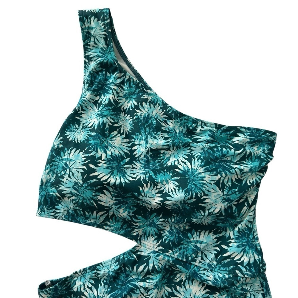 Michael Kors One-Shoulder Aqua Green Leaf Print Swimsuit, size 8 - Picture 3 of 9